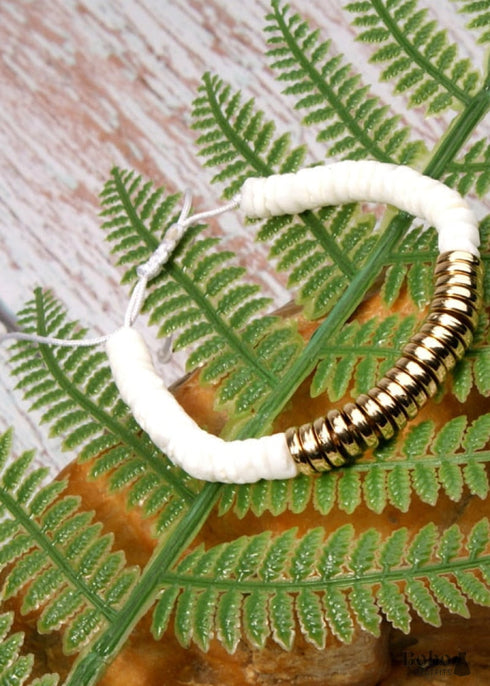 Boho Bracelet, White Blue Colorful Shell Gold